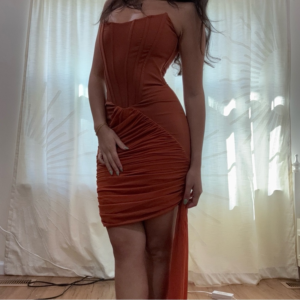 miss circle burnt orange mini corset dress